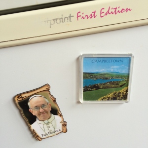 Pope Francis on my fridge with a picture of my home town