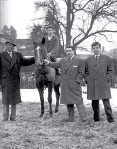 Larry Gains - British Empire (Commonwealth) heavyweight champion, Ronnie and Johnny Davies with the twins’ racehorse Solway Cross.